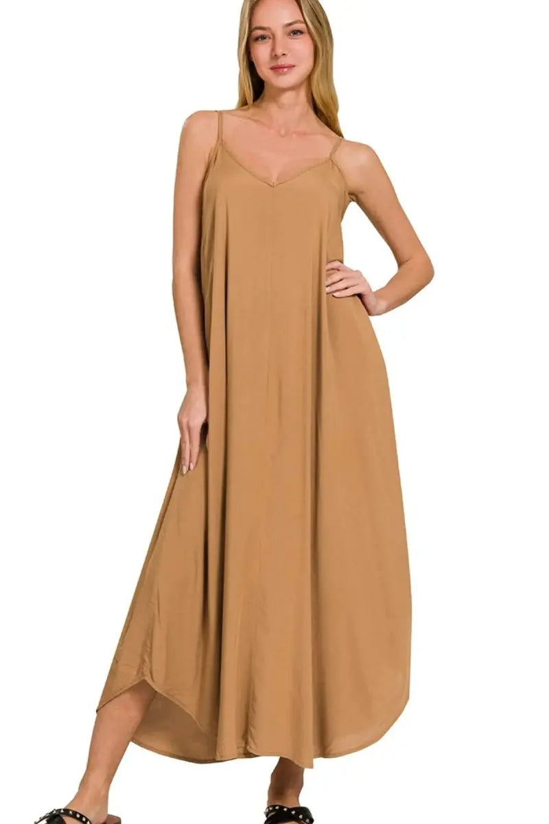 Zenana Woven Arc Hem Cami Dress With Flowy Pockets - Love Salve